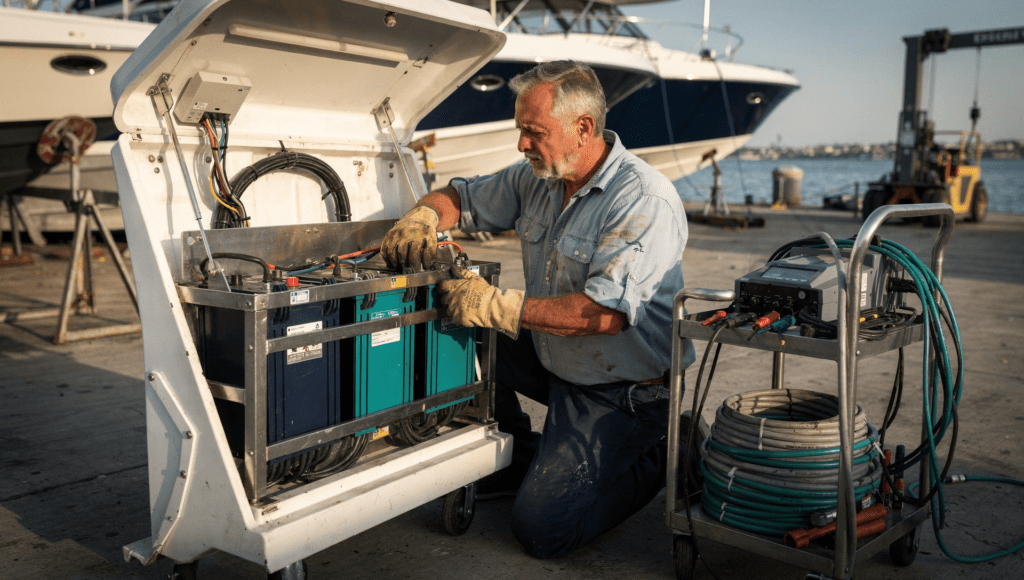 Technician installing an electric boat conversion battery system dockside