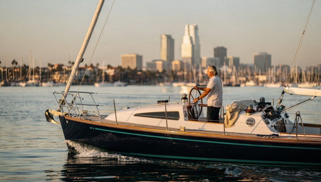 Electric boat cruising quietly through San Diego Bay at sunrise