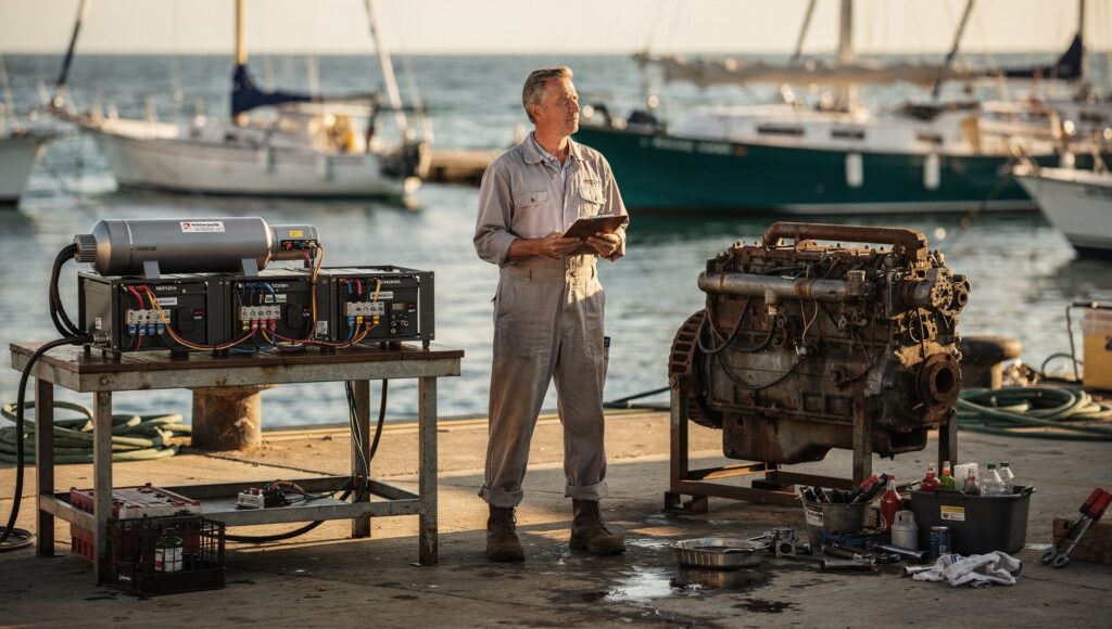 Technician comparing an electric motor and diesel engine side by side