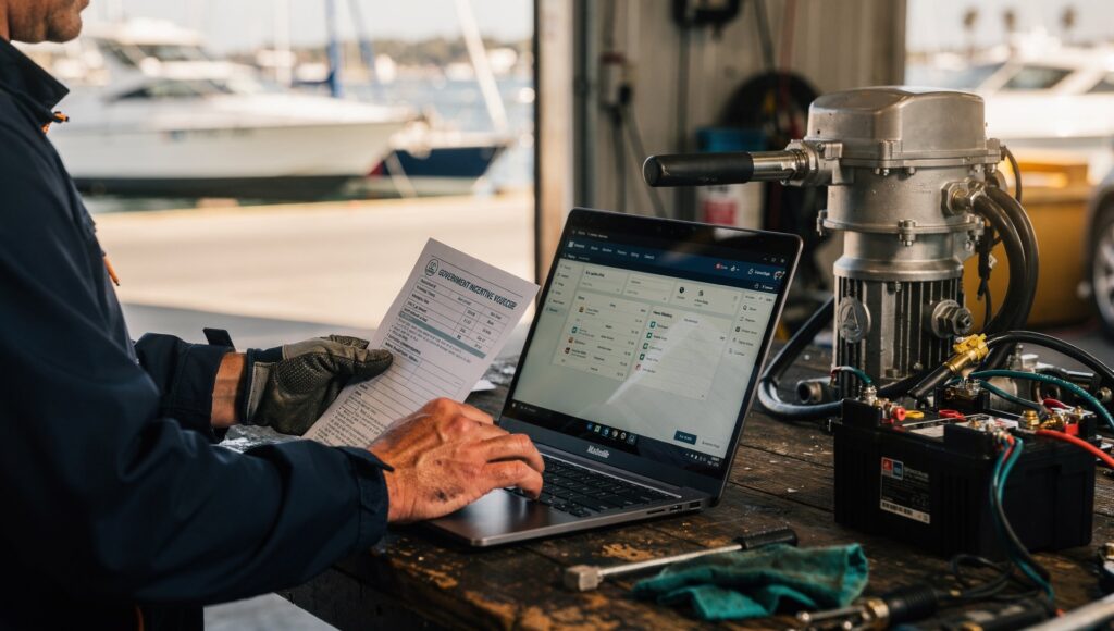 Technician reviewing electric boat incentive voucher paperwork at a San Diego boatyard
