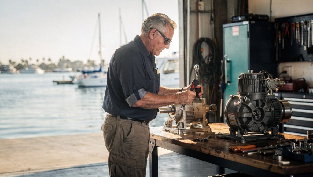 Marine technician inspecting an electric boat motor before installation