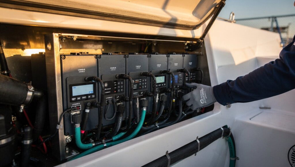 Marine-grade lithium battery bank installed for an electric boat conversion