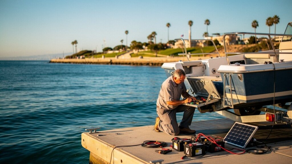 Technician installing boat battery system at Chula Vista Boat Launch in South Bay