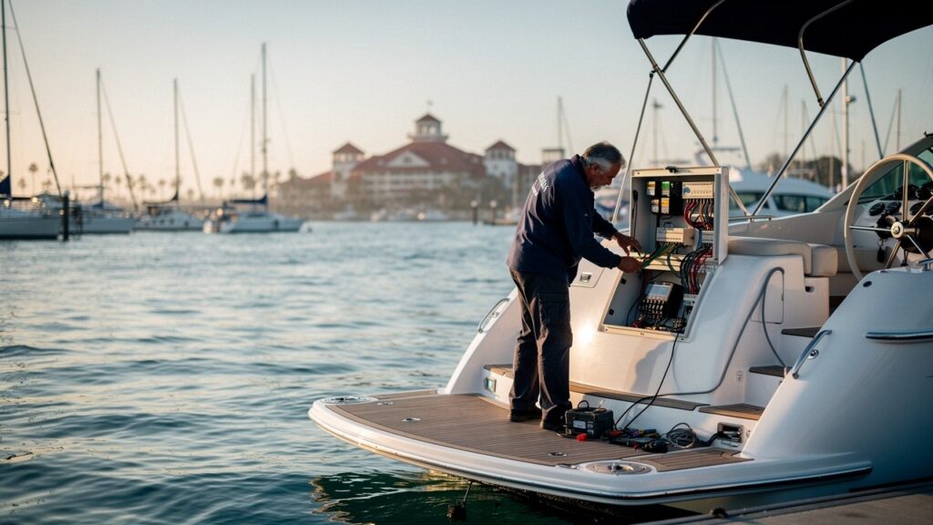 Technician servicing yacht electrical system at Glorietta Bay Marina in Coronado