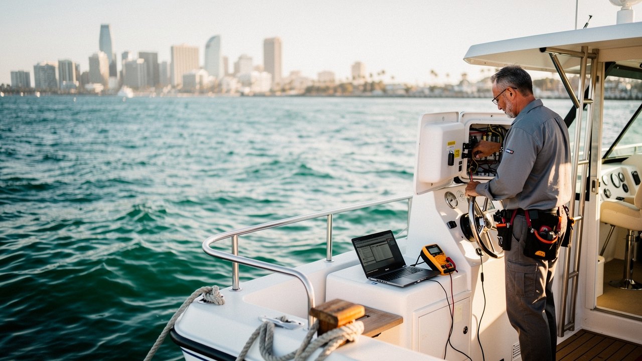 Technician inspecting charter boat electrical panel at Harbor Island marina