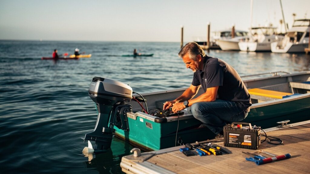 Technician checking electric outboard motor on small boat at Mission Bay dock
