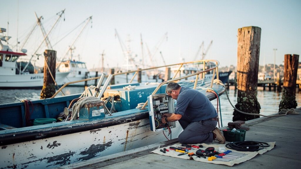 Technician wiring electrical panel on sportfishing boat at Point Loma dock