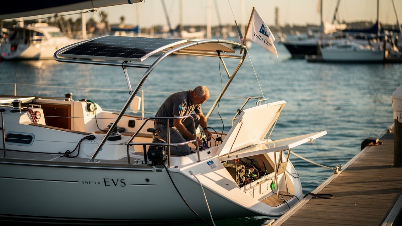 Technician installing solar charging system on sailboat at Shelter Island marina