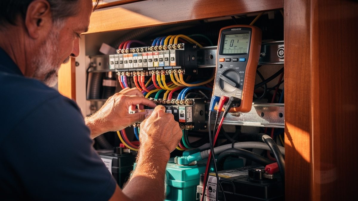 Technician wiring a custom yacht breaker panel with a multimeter