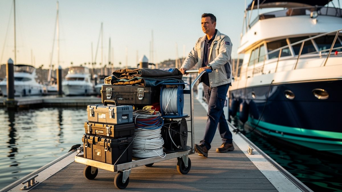 Dock cart of tools and boat protection covers heading to a yacht for dockside marine electrical service