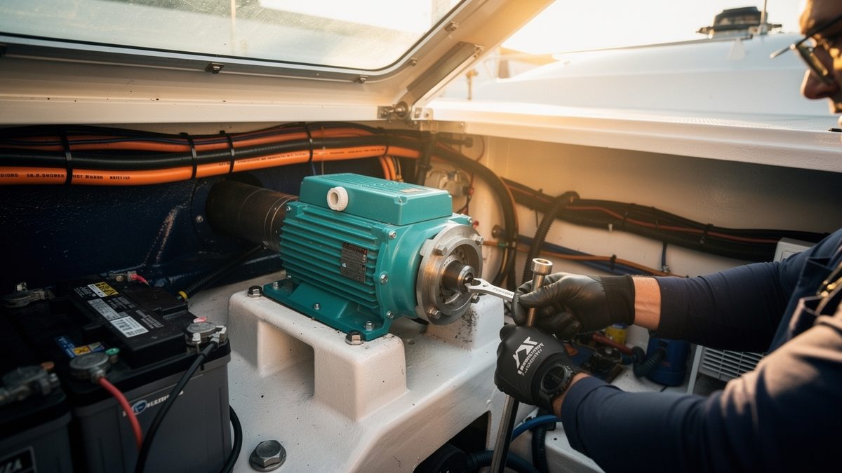 Electric motor installed on the prop shaft during a sailboat electric boat conversion