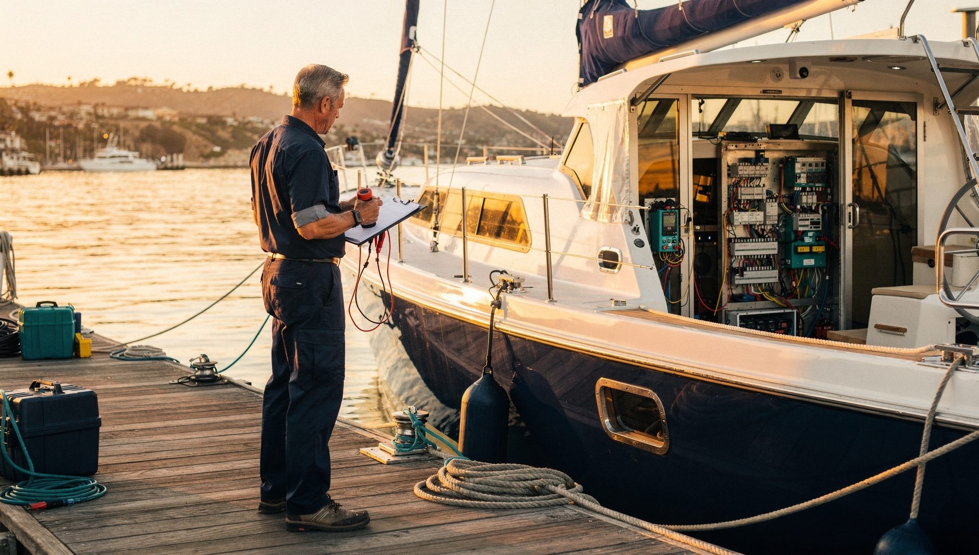 Marine electrical engineer on a Shelter Island dock beside a cruising sailboat in San Diego Bay