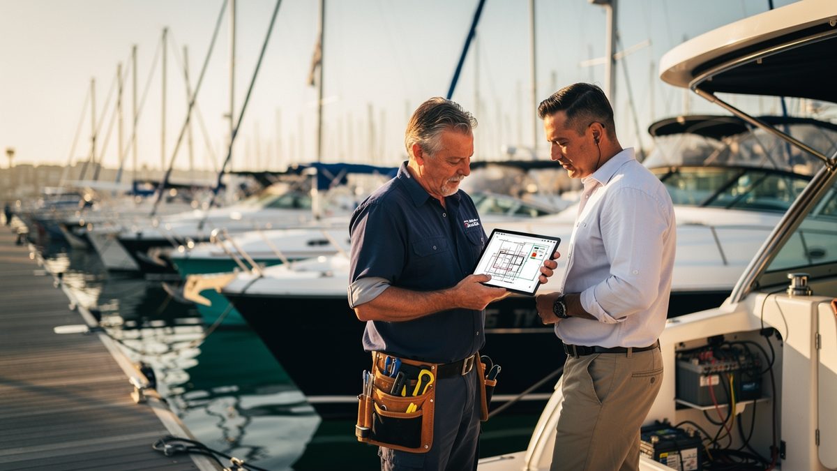 Marine electrician reviewing a wiring diagram with a boat owner at a San Diego marina