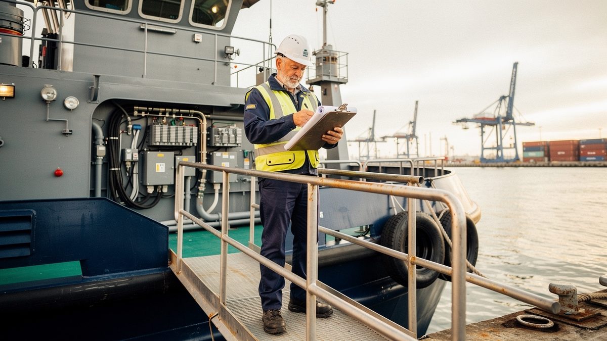 Engineer reviewing electrical schematics beside a commercial vessel at a San Diego pier