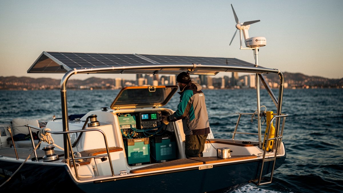 Sailboat solar panel arch, wind generator and lithium battery bank in San Diego Bay
