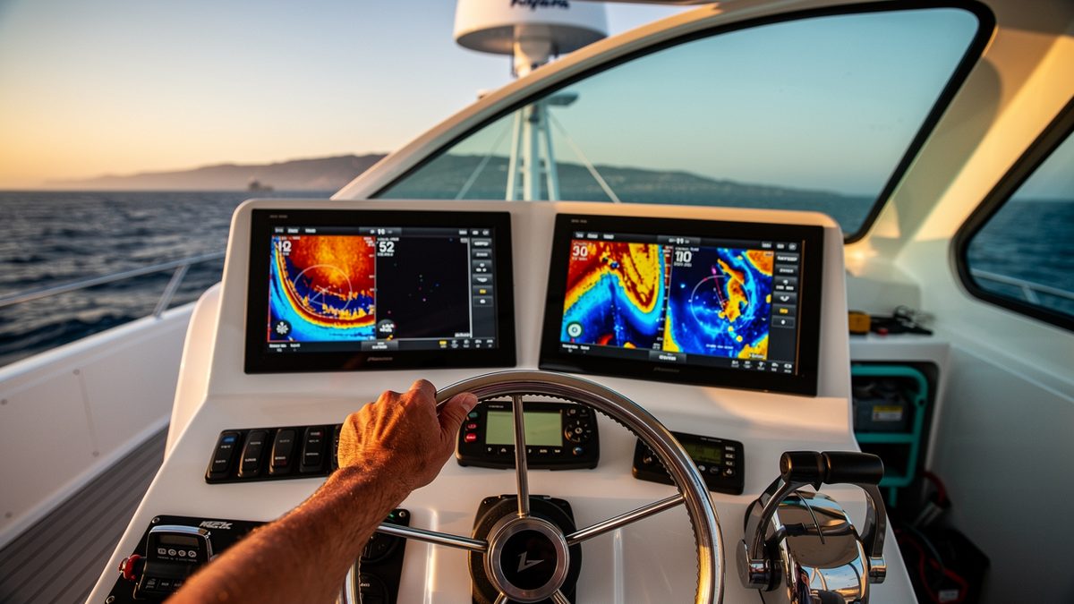 Sportfishing boat helm with multifunction radar and sonar displays and autopilot